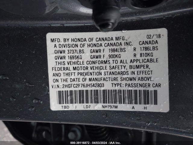 Honda CIVIC EX 2018 2HGFC2F76JH542803 Image 9