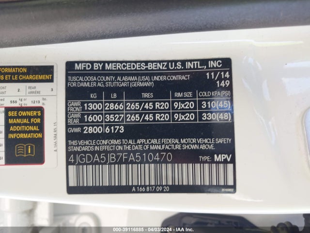 Mercedes-Benz ML 350 2015 4JGDA5JB7FA510470 Image 9