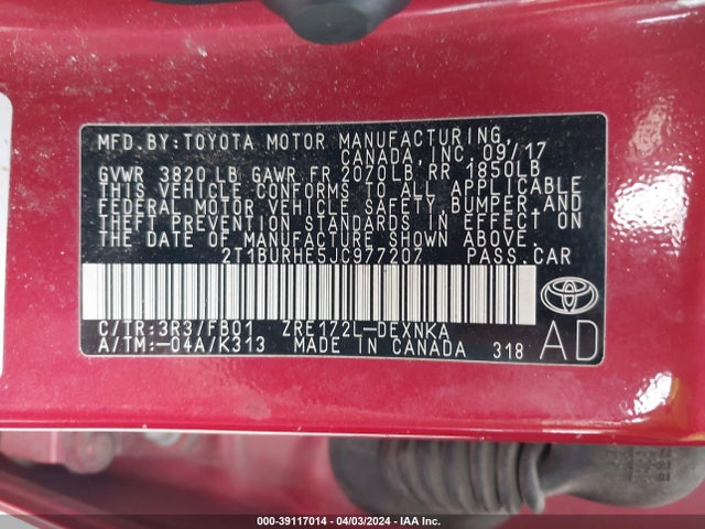 Toyota COROLLA LE 2018 2T1BURHE5JC977207 Image 9