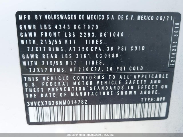 3VVCX7B26NM014782 Volkswagen Taos 1.5t S