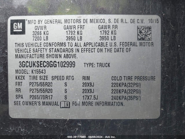 Chevrolet Silverado 1500 1lz 2016 3GCUKSEC8GG102999 Image 9