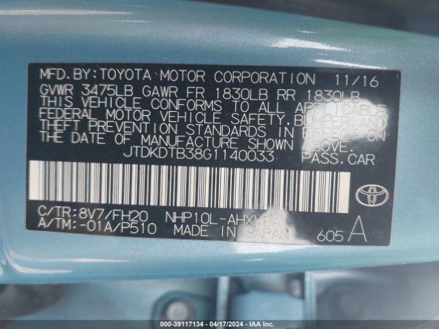 JTDKDTB38G1140033 Toyota Prius C One