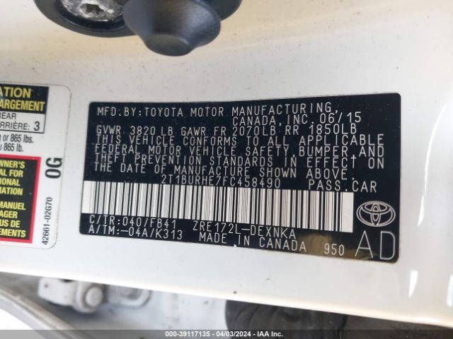 2T1BURHE7FC458490 Toyota COROLLA LE