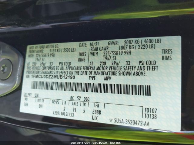 1FMCU0DZ2MUB12190 Ford Escape Titanium Hybrid