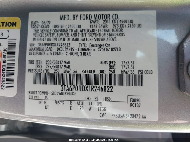 Ford FUSION SE 2020 3FA6P0HDXLR246822 Image 9