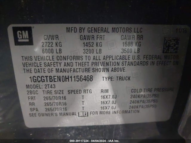 Chevrolet Colorado Wt 2017 1GCGTBEN0H1156468 Image 9