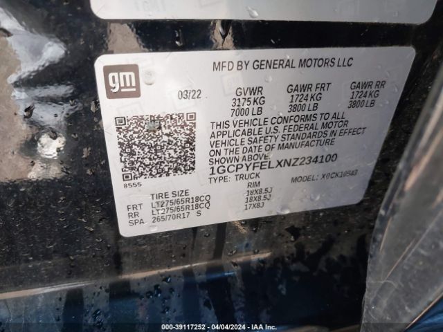 1GCPYFELXNZ234100 Chevrolet SILVERADO 1500 LTD