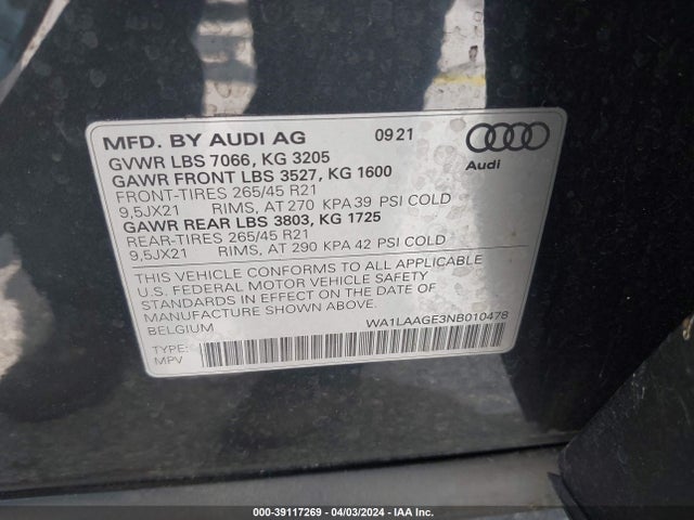WA1LAAGE3NB010478 Audi E-tron Premium Plus Quattro