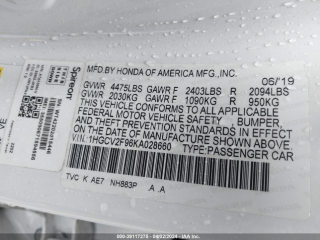 1HGCV2F96KA028660 Honda Accord Touring 2.0t