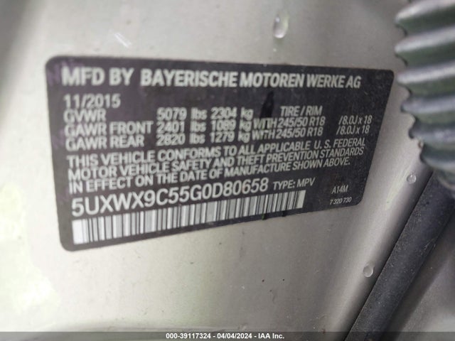 BMW X3 Xdrive28i 2016 5UXWX9C55G0D80658 Image 9
