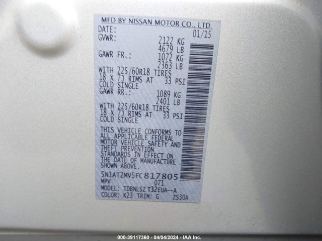 Nissan Rogue Sl 2015 5N1AT2MV5FC817805 Image 9