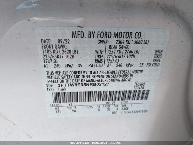 Ford Maverick Lariat/xl/xlt 2022 3FTTW8E95NRB02127 Image 9