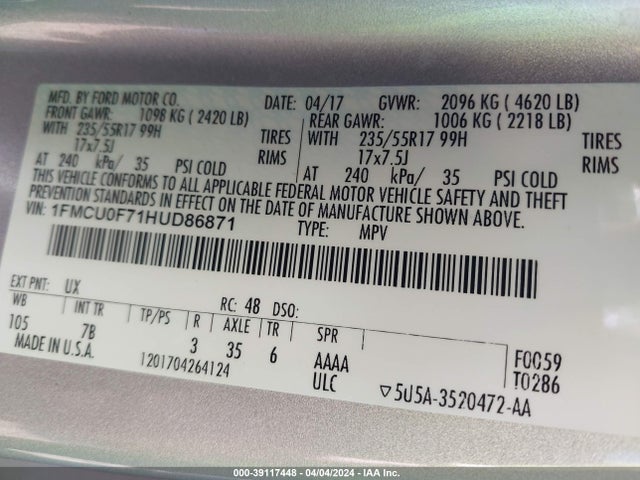 Ford ESCAPE S 2017 1FMCU0F71HUD86871 Image 9