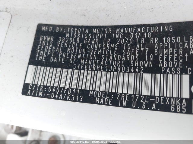 Toyota COROLLA LE 2018 5YFBURHE1JP803442 Image 9