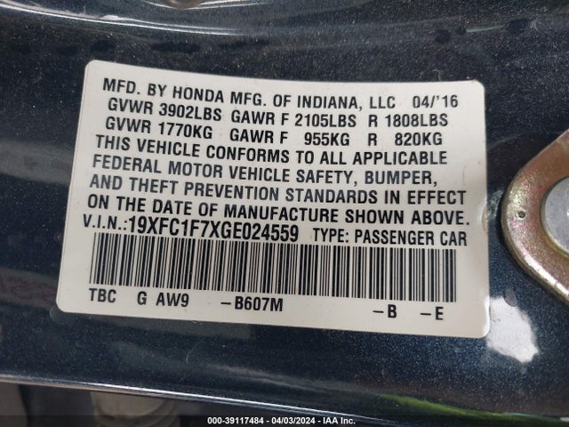 Honda Civic Ex-l 2016 19XFC1F7XGE024559 Image 9