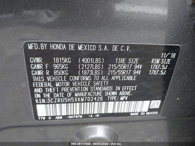 Honda HR-V EX 2019 3CZRU5H5XKM702426 Image 9