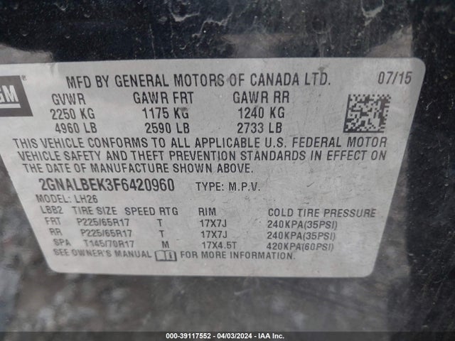Chevrolet EQUINOX 1LT 2015 2GNALBEK3F6420960 Image 9