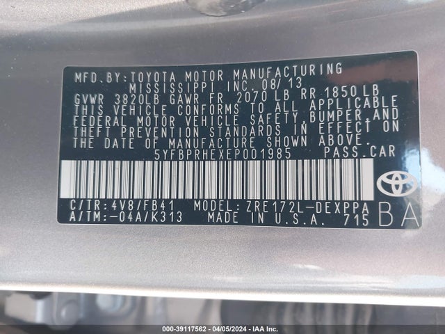 Toyota Corolla Le Eco Plus 2014 5YFBPRHEXEP001985 Image 9