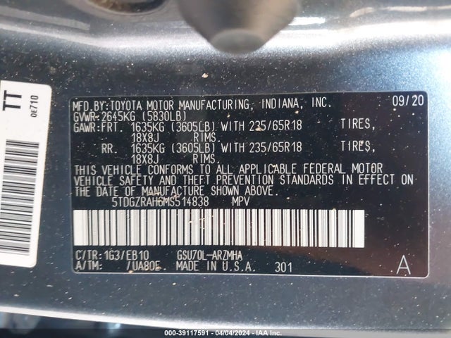 Toyota Highlander Xle 2021 5TDGZRAH6MS514838 Image 9
