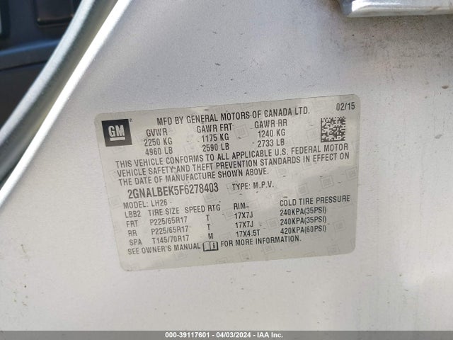 Chevrolet EQUINOX 1LT 2015 2GNALBEK5F6278403 Image 9