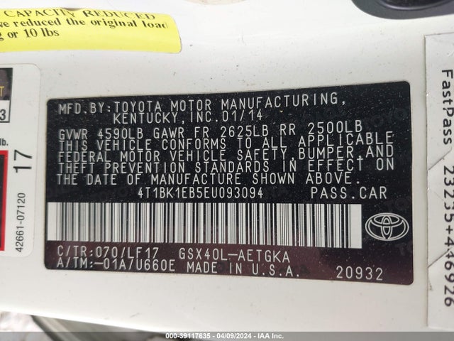 Toyota Avalon Xle Premium 2014 4T1BK1EB5EU093094 Image 9
