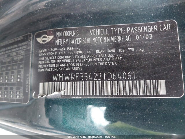 2003 MINI COOPER S WMWRE33423TD64061 Photo 8