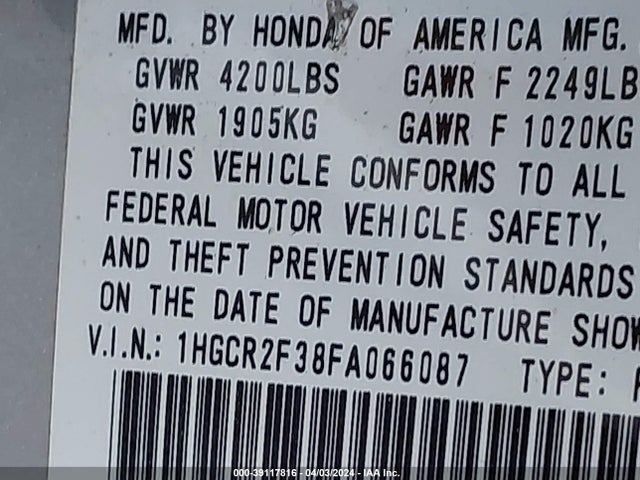 Honda ACCORD LX 2015 1HGCR2F38FA066087 Image 9
