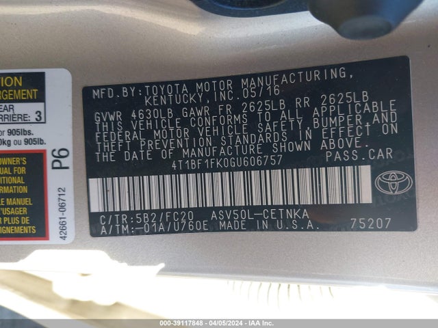 Toyota CAMRY LE 2016 4T1BF1FK0GU606757 Image 9
