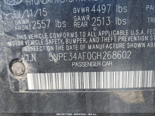 Hyundai Sonata Limited 2016 5NPE34AF0GH268602 Image 9