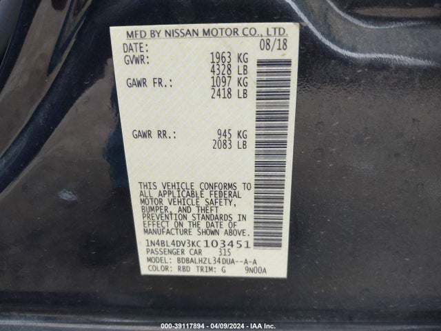 Nissan Altima 2.5 Sv 2019 1N4BL4DV3KC103451 Image 9