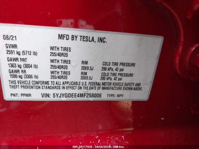 5YJYGDEE4MF258006 Tesla Model Y Long Range Dual Motor All-wheel Drive