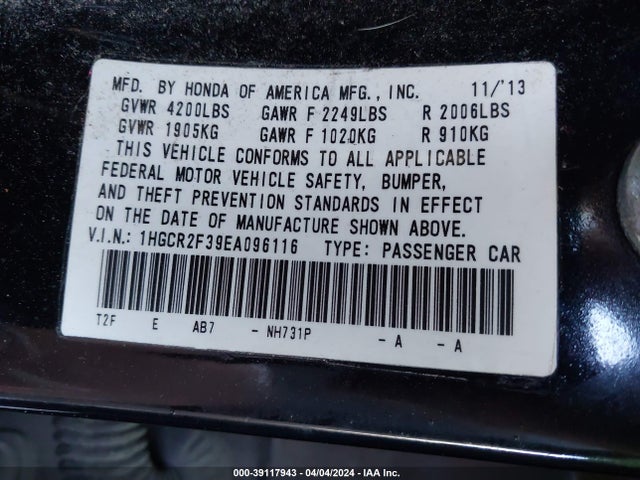Honda ACCORD LX 2014 1HGCR2F39EA096116 Image 9