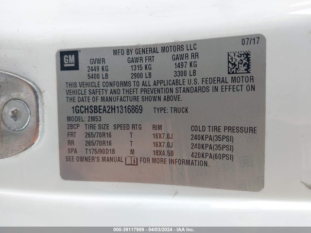 Chevrolet Colorado Wt 2017 1GCHSBEA2H1316869 Image 9