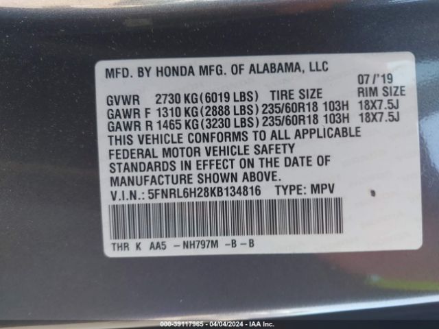 5FNRL6H28KB134816 Honda ODYSSEY LX
