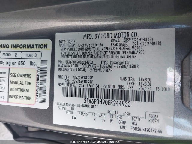 Ford FUSION SE 2014 3FA6P0H90ER244933 Image 9