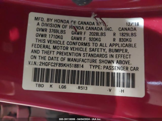 Honda Civic Sport 2019 2HGFC2F89KH518814 Image 9