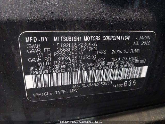 JA4J3UA83NZ083959 Mitsubishi Outlander Black Edition 2wd/se 2.5 2wd/se Launch Edition 2wd