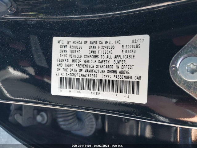 Honda ACCORD LX 2017 1HGCR2F3XHA181390 Image 9