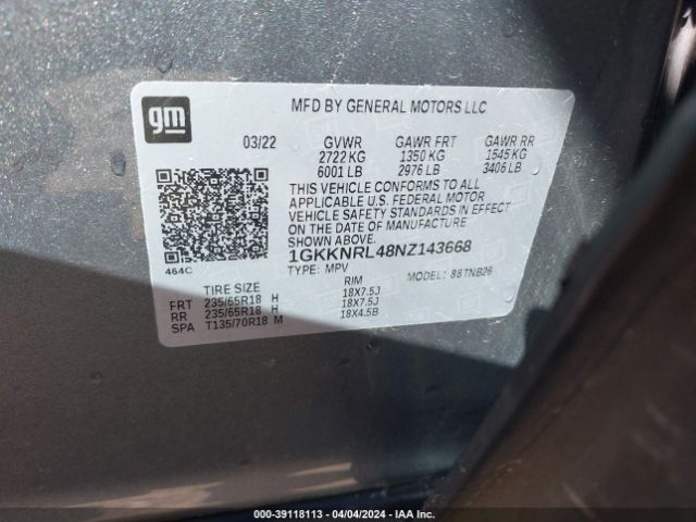 1GKKNRL48NZ143668 GMC Acadia Awd Sle