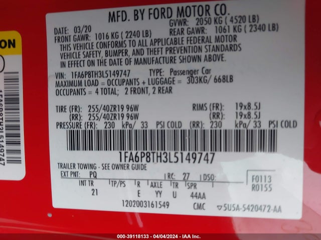 Ford Mustang Ecoboost Fastback 2020 1FA6P8TH3L5149747 Image 9