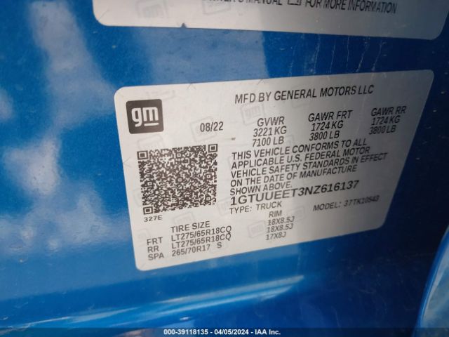 1GTUUEET3NZ616137 GMC Sierra 1500 4wd  Short Box At4