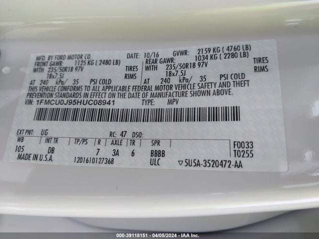 Ford Escape Titanium 2017 1FMCU0J95HUC08941 Image 9