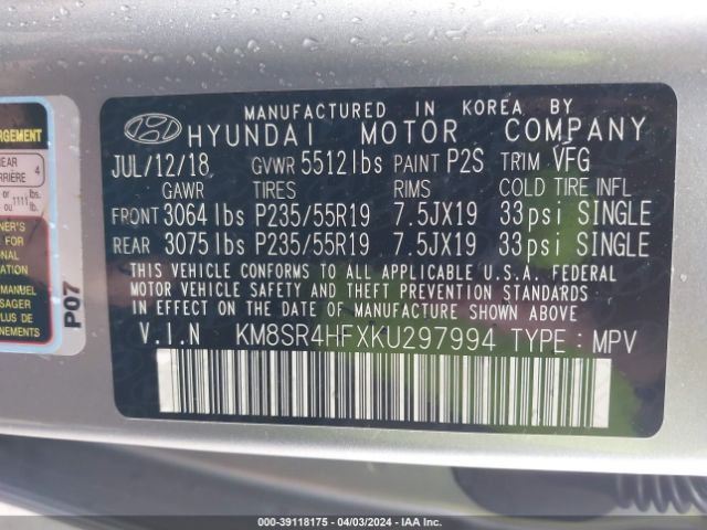 KM8SR4HFXKU297994 Hyundai Santa Fe Xl Limited Ultimate