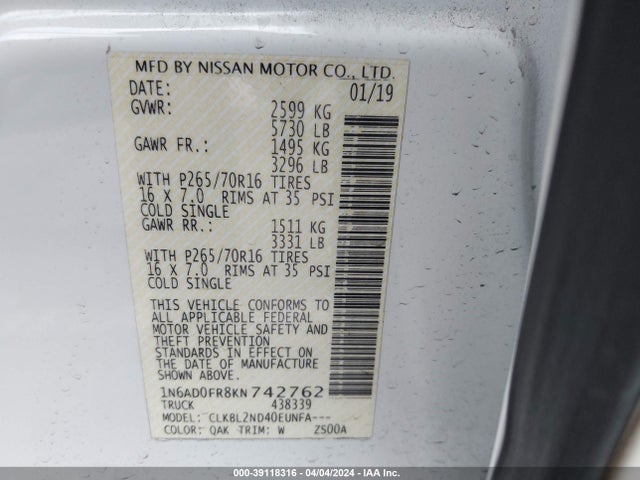 Nissan Frontier Sv 2019 1N6AD0FR8KN742762 Image 9