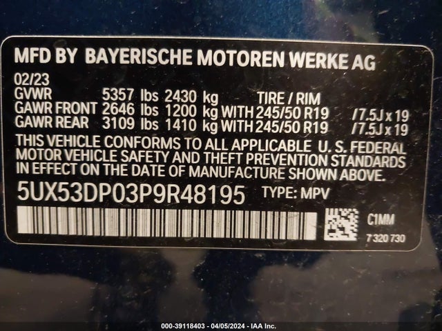 BMW X3 Xdrive30i 2023 5UX53DP03P9R48195 Image 9