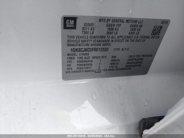 Chevrolet Suburban 1500 Lt 2015 1GNSCJKC6FR612339 Image 9