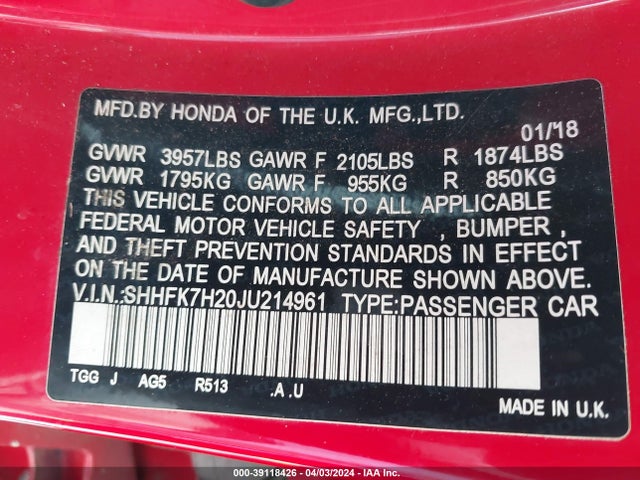 Honda Civic Lx 2018 SHHFK7H20JU214961 Image 9