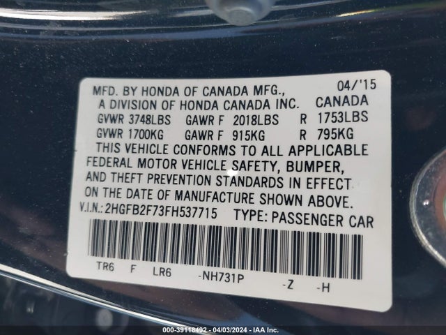 Honda CIVIC SE 2015 2HGFB2F73FH537715 Image 9