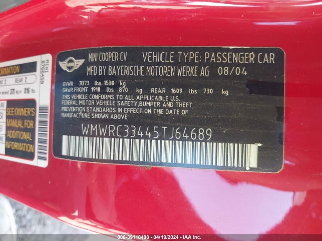 2005 MINI COOPER WMWRC33445TJ64689 Photo 8