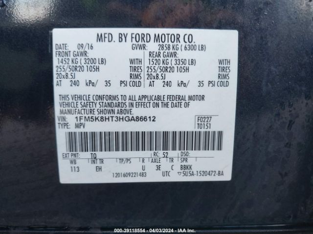 1FM5K8HT3HGA86612 Ford Explorer Platinum